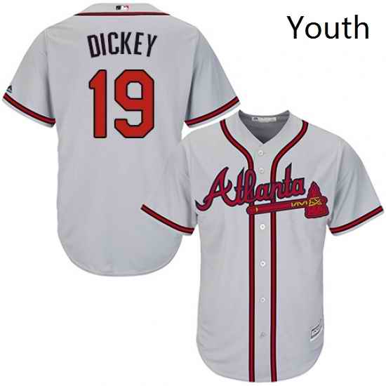 Youth Majestic Atlanta Braves 19 RA Dickey Replica Grey Road Cool Base MLB Jersey